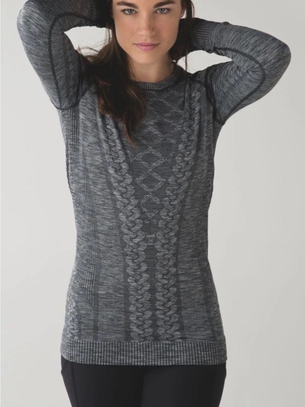 Lululemon Rest Less Pullover Size 4 Heathered Black Fitted Cable Print Shirt Top
